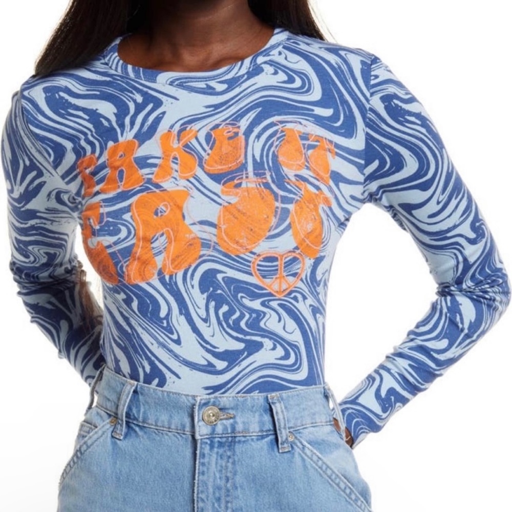 NEW BDG Urban Outfitters Blue Marble Print Cotton Graphic Baby Tee Size Small